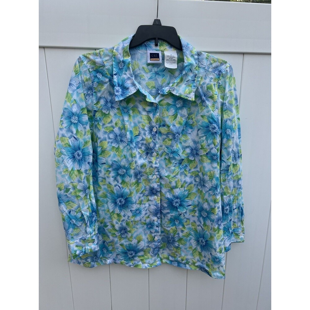 Vintage CST Sport Womens 3X Button Up Floral Light Weight Long Sleeve Blues